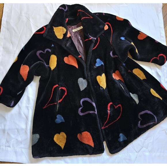 Vintage Donnybrook Faux Fur Coat Black Multicolor Hearts USA 1980s